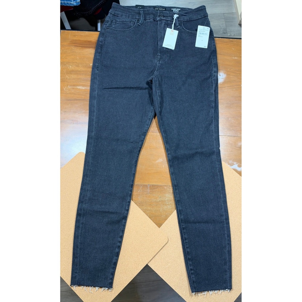 NWT Good American Good Legs Skinny Women Size 10 Black Raw Hem Mid Rise Jeans